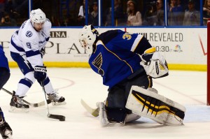 Ryan Miller had a rough start in his first game as a Blue at Scottrade Center (Jasen Vinlove-USA TODAY Sports)