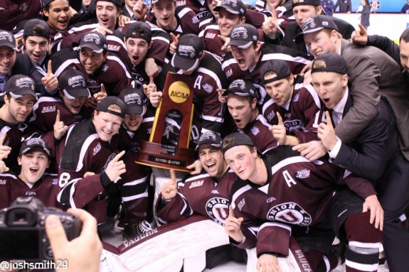Union College Dutchmen celebrate their first ever National Championship in men's ice hockey.