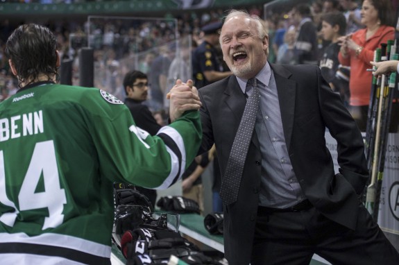 Stars head coach Lindy Ruff celebrates his team's playoff berth (Jerome Miron-USA TODAY Sports)