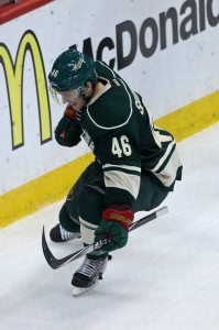 Jared Spurgeon was one of the four goal scorers for the Minnesota Wild tonight, scoring the game-winning goal on the power play with five minutes left in the third period. (Brace Hemmelgarn-USA TODAY Sports)
