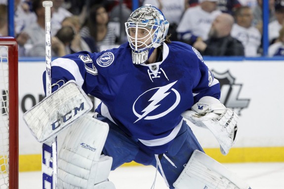 (Kim Klement-USA TODAY Sports) No, that's not Andrei Vasilevskiy, but rather Kristers Gudlevskis in what might go down as one of the only photos of him ever wearing a Tampa Bay Lightning jersey. Gudlevskis was looking like a legit prospect after stoning Canada at the Olympics, but he struggled in the AHL this season and now has an uncertain future in Tampa's system.