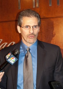 Ron Hextall answers questions after being named General Manager. [photo: Scoop Cooper]