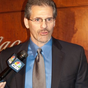 Ron Hextall answers questions after being named General Manager. [photo: Scoop Cooper]