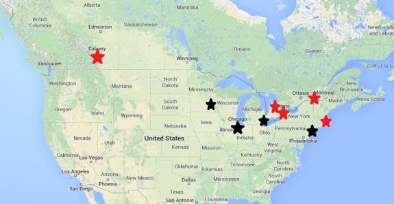 Current and potential Canadian Women's Hockey League franchise locations.