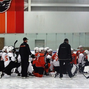 Philadelphia Flyers prospects take a knee at development camp. [photo: Amy Irvin}
