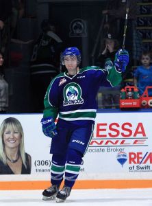 (Photo by Darwin Knelsen/www.WHL.ca) Swift Current Broncos forward Jay Merkley salutes the hometown crowd after being named the first star in Friday's 6-0 win over the Moose Jaw Warriors. Merkley had a hat trick in that game and scored two more goals in Saturday's 5-2 victory at Moose Jaw.