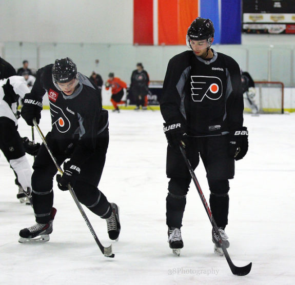 Shayne Gostisbehere (right) and Samuel Morin (left) doing drills at Flyers rookie camp [photo: Amy Irvin]