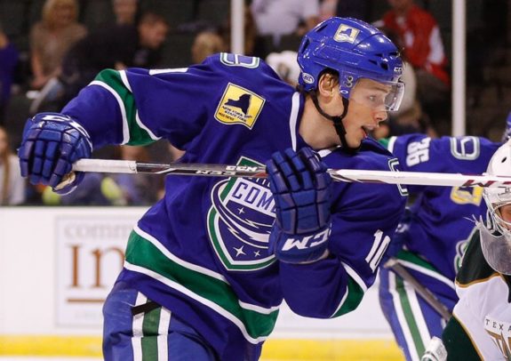 Brendan Gaunce as a member of the Utica Comets last season. Gaunce scored his first career goal against the Coyotes on Friday night. (Texas Stars Hockey)