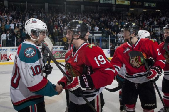 (Marissa Baecker/www.shootthebreeze.ca) Nick Merkley of the Kelowna Rockets, left, and Nic Petan of the Portland Winterhawks shake hands following their Western Conference final playoff series this past April. Petan played a starring role as Portland defeated Kelowna in five games and eliminated the Rockets from the post-season for the third time in four years. Merkley, the WHL's reigning rookie of the year and a potential first-round pick in the 2015 NHL draft, and Petan, a former league-leading scorer who has twice eclipsed 100 points in a season, will cross paths again this week when Kelowna visits Portland for a two-game set on Thursday and Saturday.