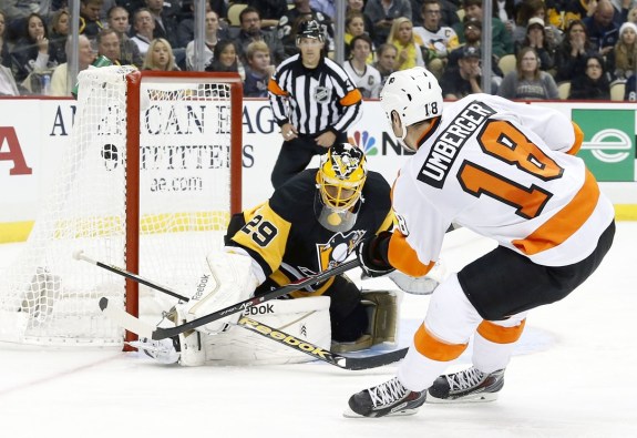 R.J. Umberger used his first goal in Pittsburgh since 2008 en route to his second career Gordie Howe hat trick.