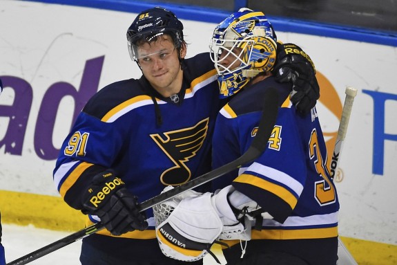 Jake Allen is glad he only has to face the dangerous Vladimir Tarasenko in practice. (Jasen Vinlove-USA TODAY Sports)