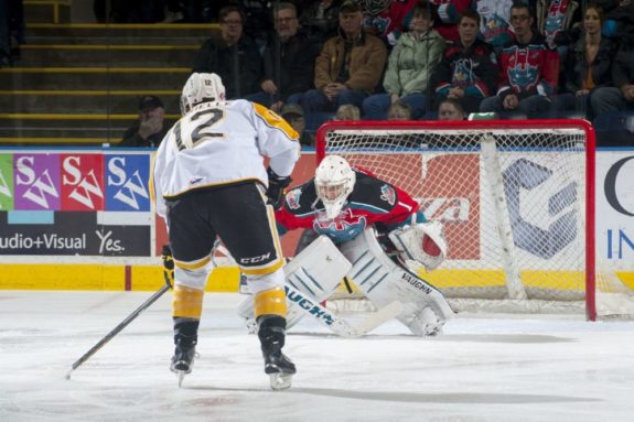 (Marissa Baecker/www.shootthebreeze.ca) Kelowna Rockets goaltender Jackson Whistle stared down and stoned Brandon Wheat Kings forward Jesse Gabrielle on this first-period penalty shot during WHL action on Saturday evening at Prospera Place in Kelowna. The Rockets went on to win 6-1 thanks to 31 saves from Whistle.