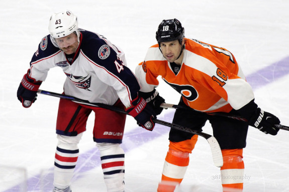 [photo: Amy Irvin] Scott Hartnell of the Columbus Blue Jackets, left, and RJ Umberger of the Philadelphia Flyers line up next to each other prior to a face-off earlier this season. In the off-season, they were traded straight up for each other, with Hartnell being the much more productive player for his new team through 20 games.