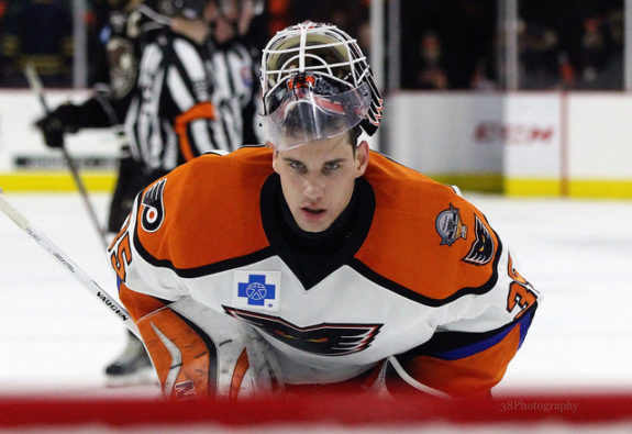 In 22 games for the Lehigh Valley Phantoms this season, Anthony Stolarz is 7-10-1. [photo: Amy Irvin]