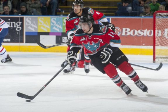 (Photo by Marissa Baecker/Shoot the Breeze) Rourke Chartier of the WHL's Kelowna Rockets is in the running for one of the two remaining centre spots behind Sam Reinhart and Connor McDavid.