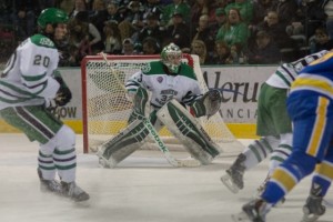 UND goalie Cam Johnson against LSSU (Peter Bottini, UND Athletics 