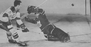 Camille Henry, during the 62-63 season, scoring on Toronto's Don Simmons