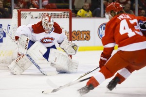 Montreal Canadiens goalie Dustin Tokarski and Detroit Red Wings forward Darren Helm