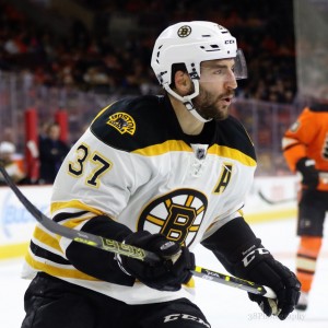 Bergeron has been one of Boston's strongest possession forwards through their first five games. (Amy Irvin / The Hockey Writers)