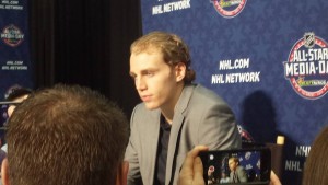 Patrick Kane fields questions on Friday's NHL All-Star Media Day in Columbus. (Credit: Andy Dudones/Staff)