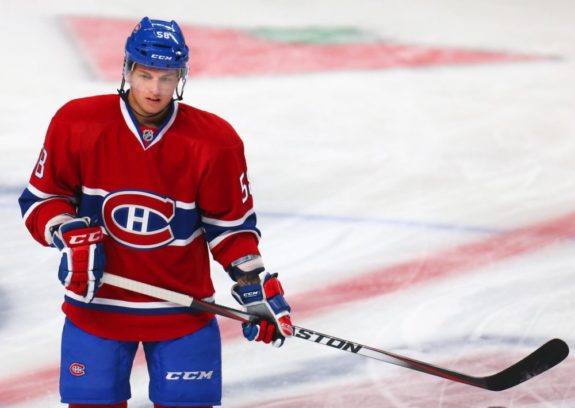 Sven Andrighetto during a game against the Boston Bruins last season. Although he and Baertschi both hail from Switzerland, Baertschi will earn more money than him next season. (Jean-Yves Ahern-USA TODAY Sports)