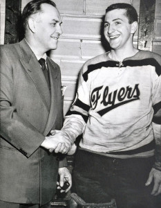 Hap Emms, here with 1952 Barrie Flyers goalie Bill Harrington