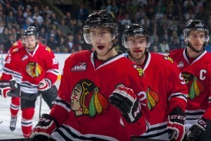 (Marissa Baecker/www.shootthebreeze.ca) Oliver Bjorkstand of the Portland Winterhawks, front, seen here celebrating a goal during last year's Western Conference final against the Kelowna Rockets, had plenty more reasons to celebrate this season — 118 reasons to be precise, as the Danish star led the WHL in regular-season scoring.