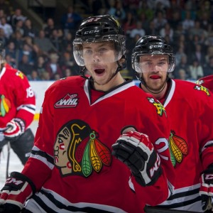 (Marissa Baecker/www.shootthebreeze.ca) Oliver Bjorkstand of the Portland Winterhawks, front, seen here celebrating a goal during last year's Western Conference final against the Kelowna Rockets, had plenty more reasons to celebrate this season — 118 reasons to be precise, as the Danish star led the WHL in regular-season scoring.