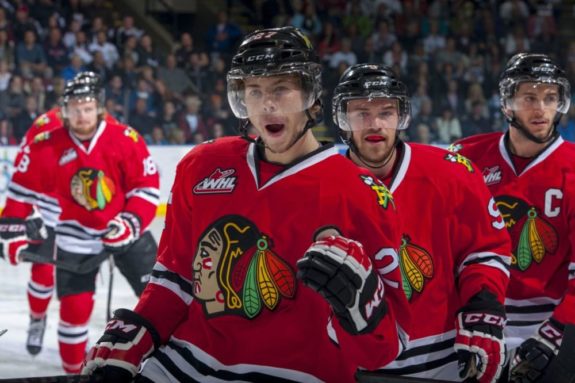 (Marissa Baecker/www.shootthebreeze.ca) Oliver Bjorkstand of the Portland Winterhawks, front, seen here celebrating a goal during last year's Western Conference final against the Kelowna Rockets, had plenty more reasons to celebrate this season — 118 reasons to be precise, as the Danish star led the WHL in regular-season scoring.