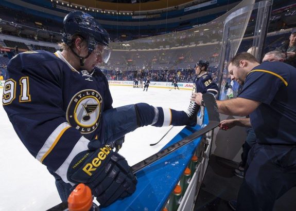 Chad makes some last minutes adjustments to Vladimir Tarasenko's edges.