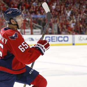 Andre Burakovsky celebrates after scoring a goal against the New York Rangers in the Stanley Cup playoffs last season (Geoff Burke-USA TODAY Sports)