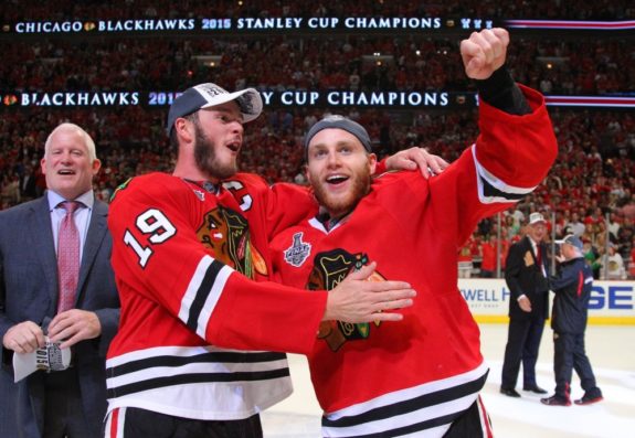 (Dennis Wierzbicki-USA TODAY Sports) If the guy on the right is good to go for this season — cleared of any wrongdoing in his ongoing-but-fading rape investigation — then the Chicago Blackhawks will continue to be formidable foes come playoff time. If things take a turn for the worse for Patrick Kane, then that puts a ton of pressure on Jonathan Toews, left, to carry the load if Chicago hopes to repeat as Stanley Cup champions in 2016.