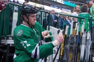 Stars right wing Brett Ritchie faces off against his brother, Nick, Tuesday night. (Jerome Miron-USA TODAY Sports)