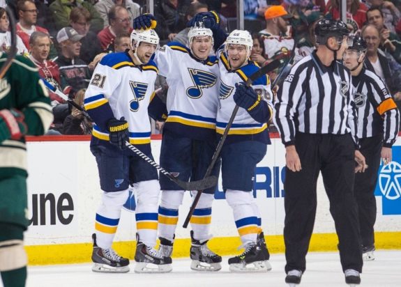 Forwards Patrik Berglund, Paul Stastny and Dmitrij Jaskin