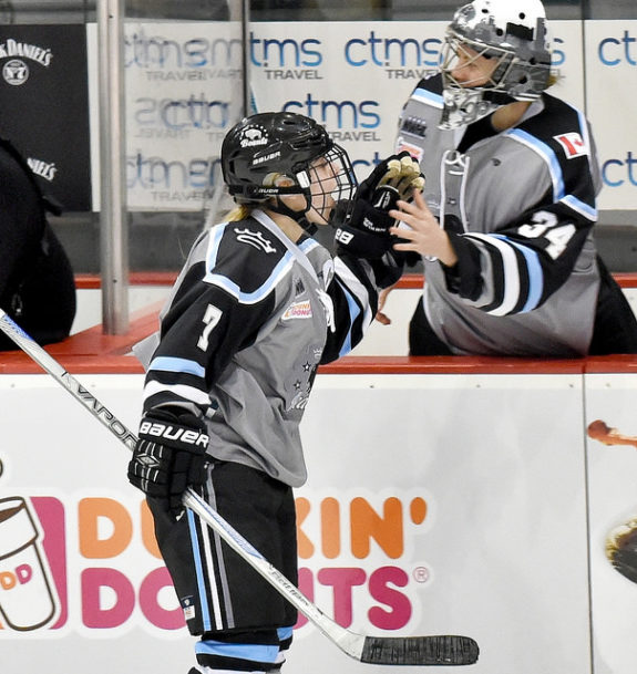 Amanda Makela of the Buffalo Beauts high-fives captain Emily Pfalzer after a goal. (Photo Credit: Troy Parla)