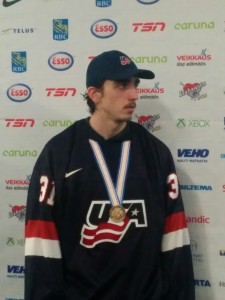 Team USA's Alex Nedeljkovic after winning a bronze medal at the 2016 World Junior Championship in Helsinki, Finland (J.DeLuca/THW).