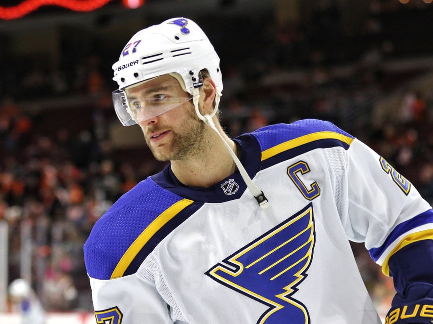 St. Louis Blues Alex Pietrangelo holds his new sweater after he was named  the 21st team captain of the St. Louis Blues at the Scottrade Center in St.  Louis on August 25