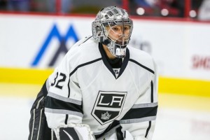 Los Angeles Kings goalie Jonathan Quick (32) during the NHL game between the Los Angeles Kings and the Carolina Hurricanes at the PNC Arena. Photo Credit: Andy Martin Jr