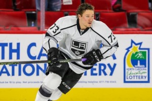 Los Angeles Kings center Tyler Toffoli (73) during the NHL game between the Los Angeles Kings and the Carolina Hurricanes at the PNC Arena.