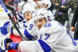 Tampa Bay Lightning center Alex Killorn (17) during the NHL game between the Tampa Bay Lightning and the Carolina Hurricanes at the PNC Arena.