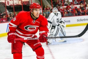 Carolina Hurricanes center Victor Rask (49) during the NHL game between the Los Angeles Kings and the Carolina Hurricanes at the PNC Arena.