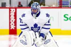 Toronto Maple Leafs goalie Jonathan Bernier (45) during the NHL game between the Toronto Maple Leafs and the Carolina Hurricanes at the PNC Arena.