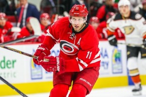 Carolina Hurricanes center Jordan Staal (11) during the NHL game between the Anaheim Ducks and the Carolina Hurricanes at the PNC Arena.