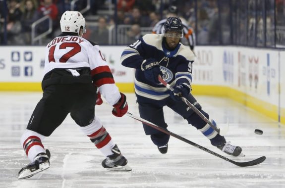 Columbus Blue Jackets' Anthony Duclair and New Jersey Devils' Ben Lovejoy