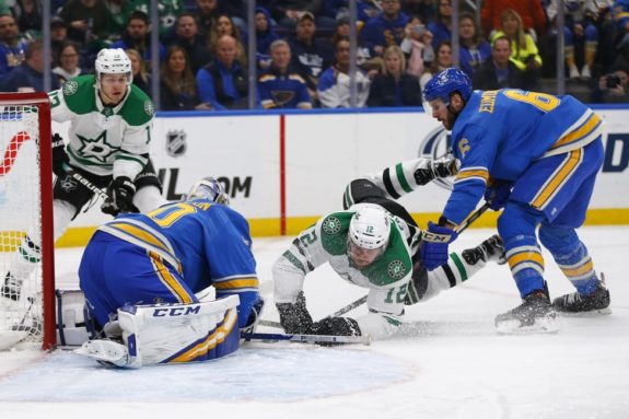 St. Louis Blues' Joel Edmundson Jordan Binnington Dallas Stars' Radek Faksa