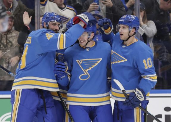 St. Louis Blues' Vince Dunn, Robert Bortuzzo and Brayden Schenn