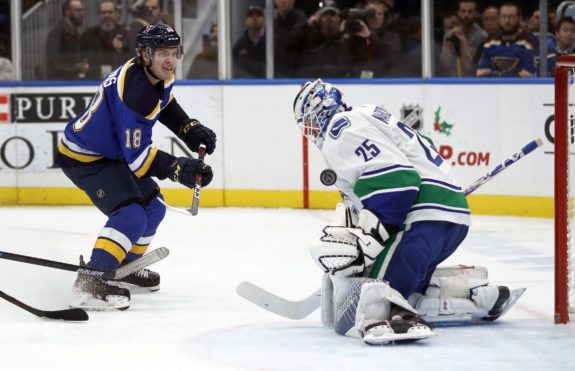 Vancouver Canucks goaltender Jacob Markstrom St. Louis Blues' Robert Thomas