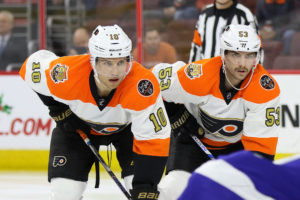 Brayden Schenn and Shayne Gostisbehere - Tampa Bay Lightning vs Philadelphia Flyers - November 19, 2016 (Amy Irvin / The Hockey Writers)