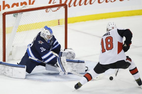 Ottawa Senators' Ryan Dzingel Winnipeg Jets Laurent Brossoit