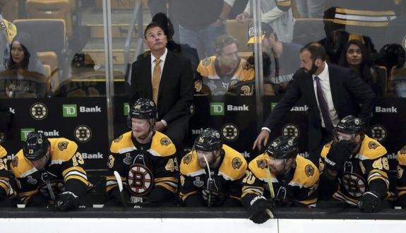 Boston Bruins head coach Bruce Cassidy and bench, Game 7, 2019 Stanley Cup Final